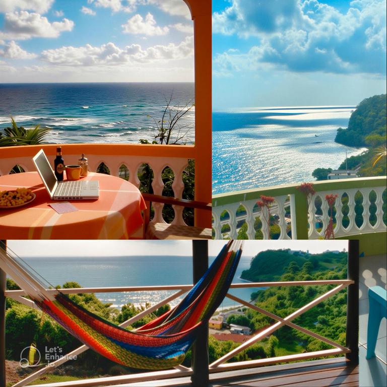 a collage of photos of a balcony with a hammock and the ocean at I VIEW - in Long Bay in Long Bay Village
