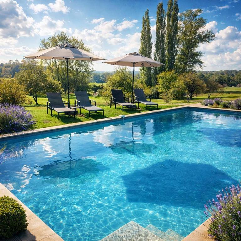 a large swimming pool with chairs and umbrellas at LES TROIS L in Gindou