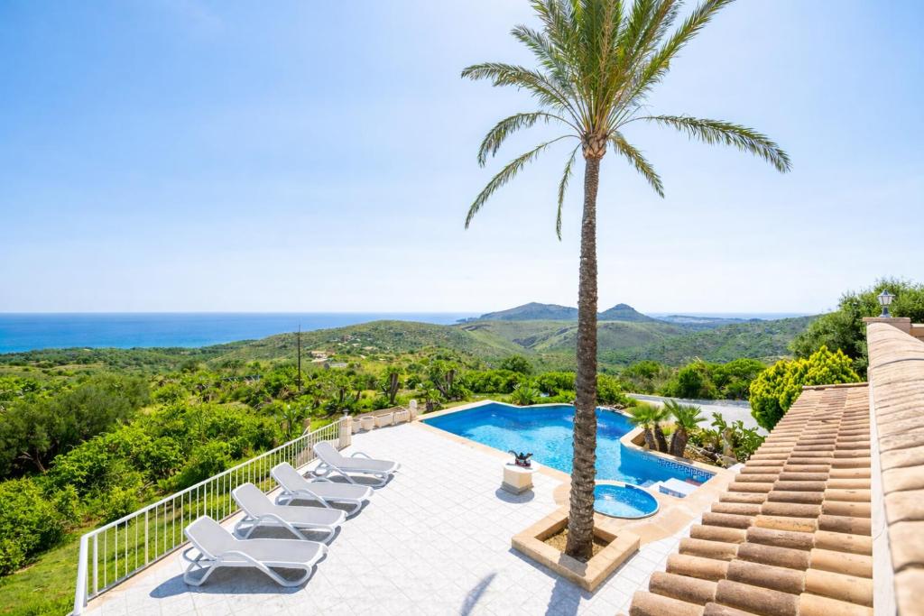 a villa with a swimming pool and a palm tree at Ca na Lluny in Artá