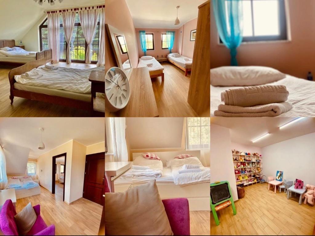 a collage of three pictures of a bedroom at Siedlisko Nielbark in Nielbark