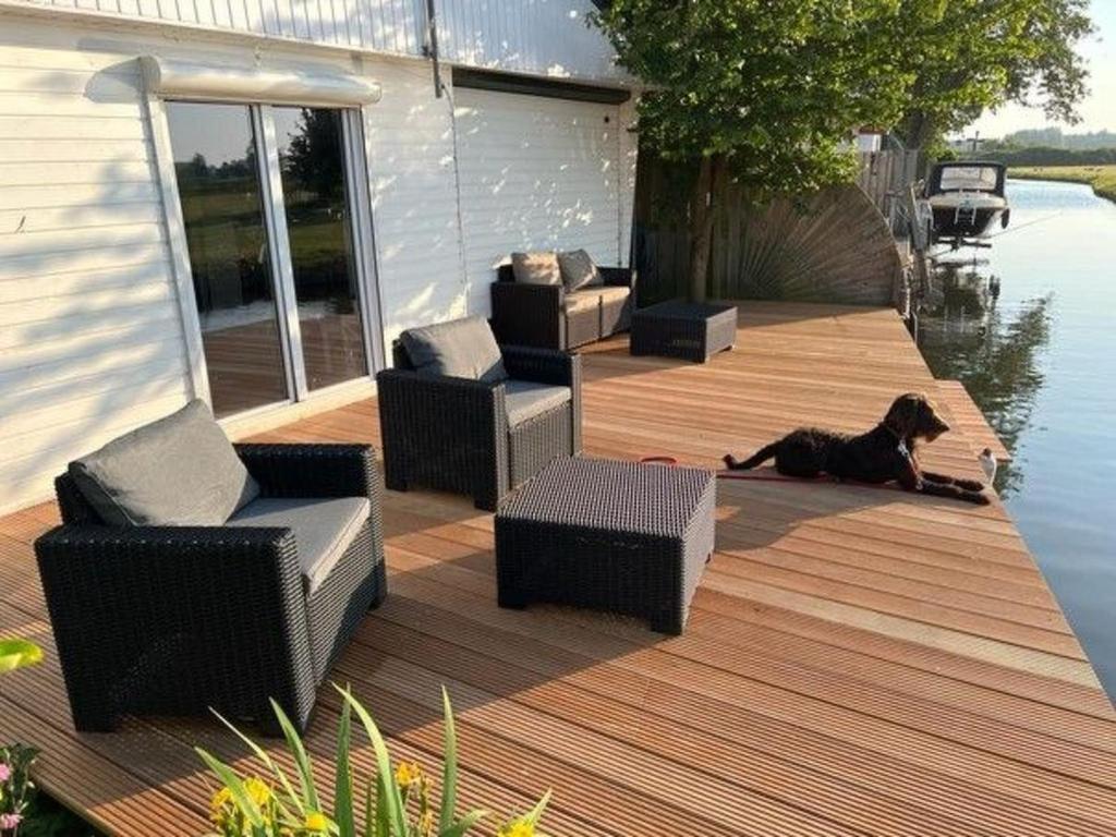 a dog laying on a wooden deck next to the water at Apartment Tami by Interhome in Wervershoof