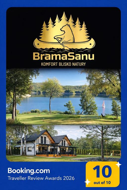 a sign for a resort with a picture of a house at Brama Sanu - z prywatną linią brzegową Jeziora Solińskiego - pomosty - pontony - basen sezonowy in Olchowiec