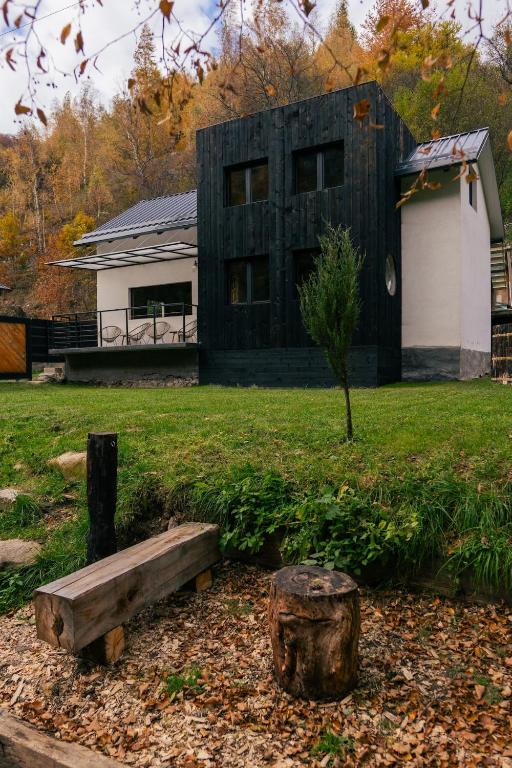 a wooden bench in front of a house at Cabana Murmur -Riverside- in Valea Ierii
