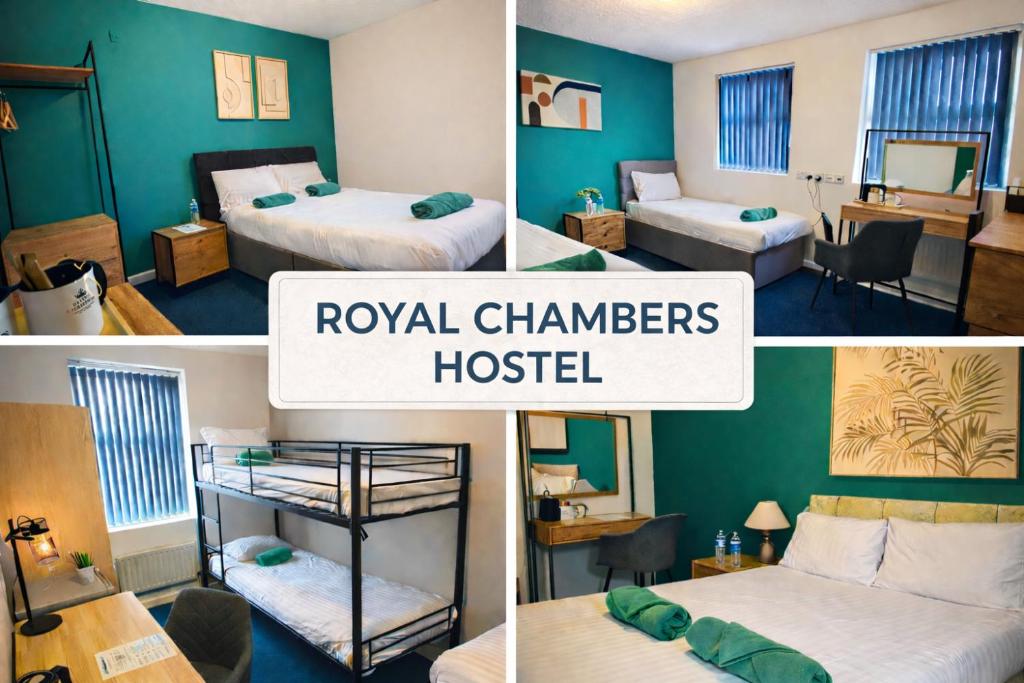 a collage of four pictures of a hotel room at Royal Chambers Liverpool in Liverpool