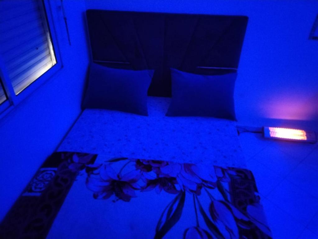 a blue room with a bed with flowers on it at chambre pour 2 sidi maarouf in Casablanca
