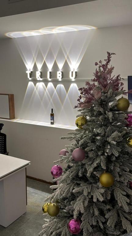 a christmas tree with ornaments on it in a room at Tribu Bakuriani in Bakuriani