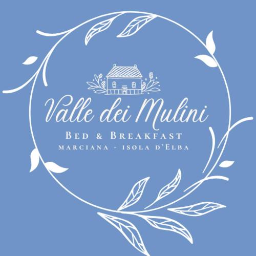 a blue wedding invitation with a house in a floral frame at Valle dei Mulini B&B in Marciana