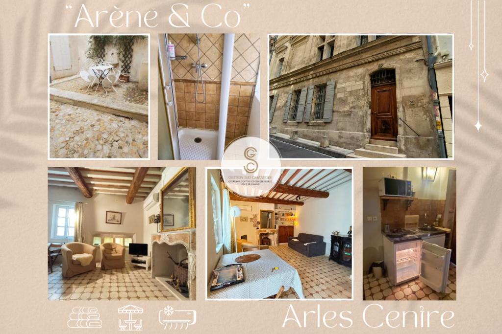 a collage of photos of a living room and an apartment at Arène Arles Centre in Arles