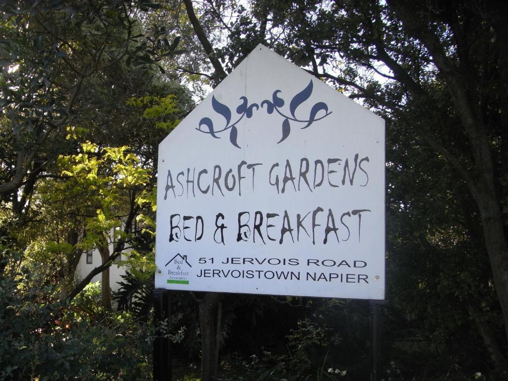 a sign for an archaeological gardenyards red and breakfast at Ashcroft Gardens Bed & Breakfast in Napier