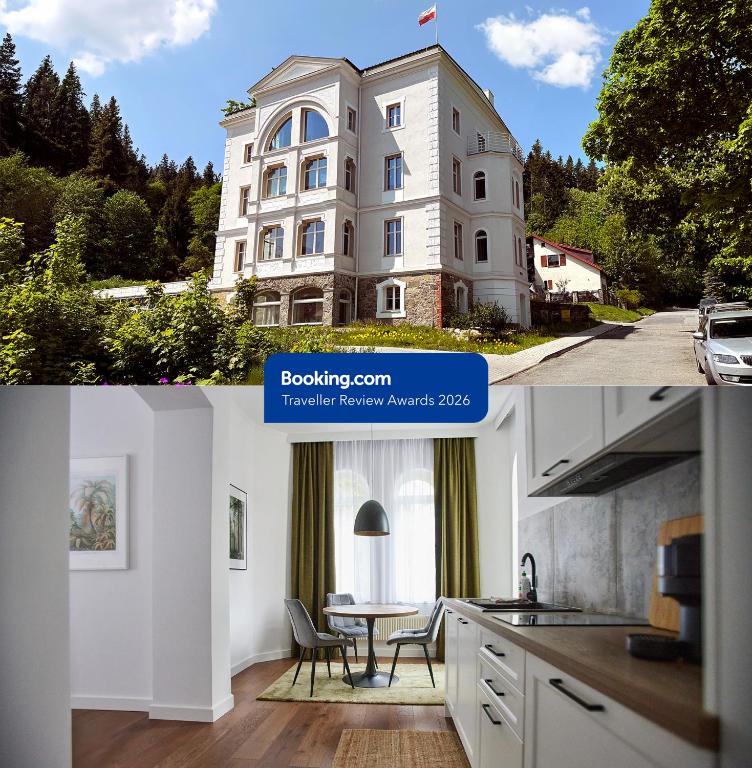 a collage of two pictures of a building at Apartament Miła 2 Lądek-Zdrój in Lądek-Zdrój