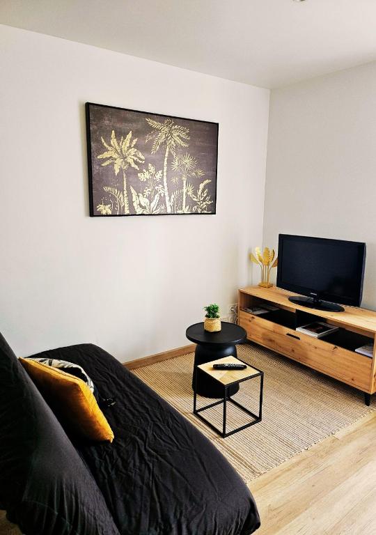 a living room with a couch and a flat screen tv at L'Oasis de Fougères in Fougères