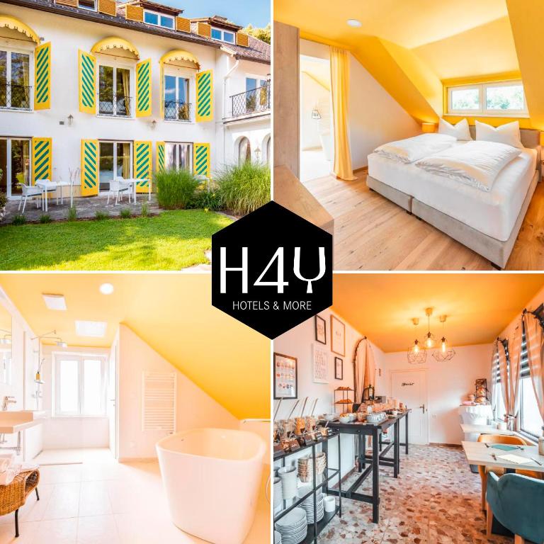 a collage of photos of a hotel and a house at Boutiquehotel Caravella Velden in Velden am Wörthersee