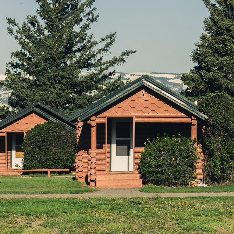 a small log cabin in the grass with a tree at Blue Moon Saloon in Cameron