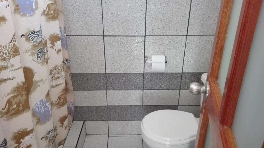 e bagno con servizi igienici e tenda per la doccia. di Posada Junco y Capuli a Huancayo