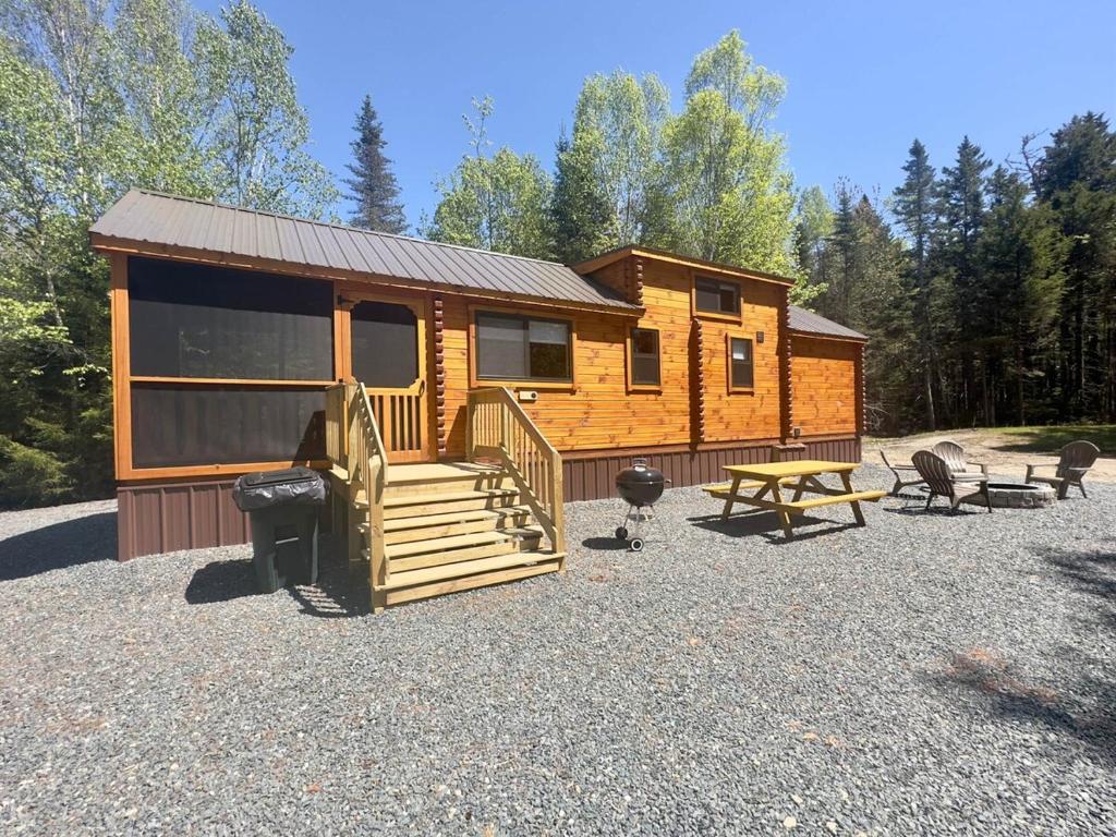 a log cabin with a picnic table and a grill at Cozy Coastal Cabin 4 in Steuben