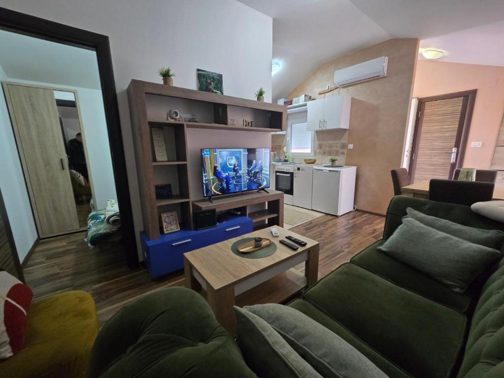 a living room with a couch and a tv and a table at Gintas Comfort in Podgorica
