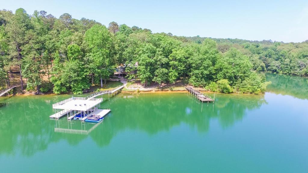 an aerial view of a dock on a lake at Clear Creek Escape - Double Decker Dock, New Green Fishing Lights! in Jasper