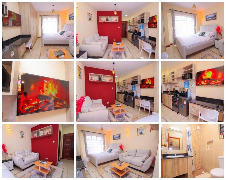 a collage of four pictures of a living room at charming Naivasha studio apartment in Naivasha