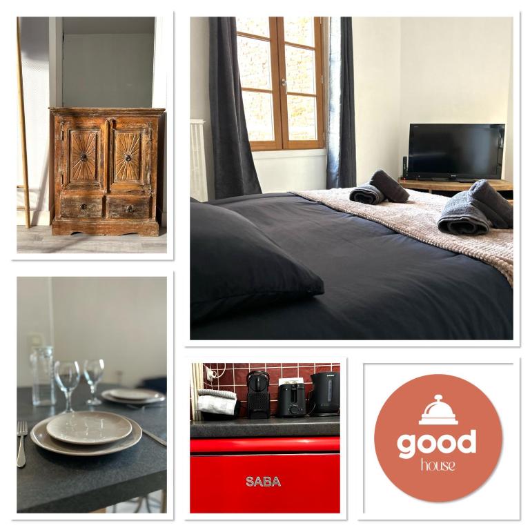 a collage of pictures of a bedroom with a bed and a tv at La Cachette Urbaine in Albi