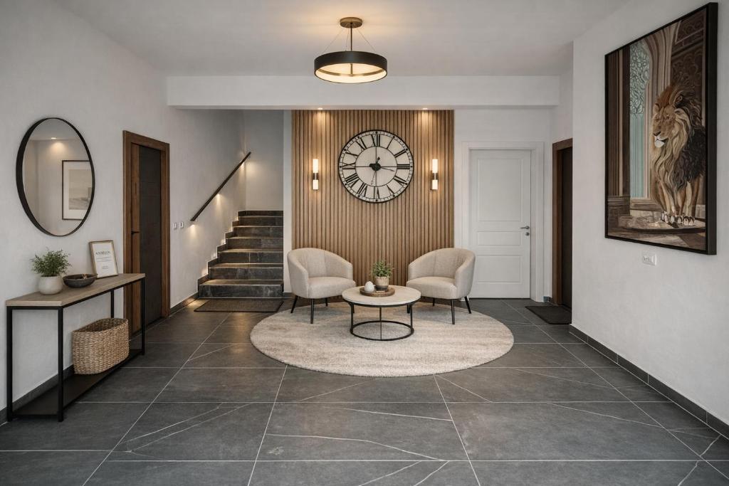 a lobby with a clock on the wall and a table at Morea Apartments in Ulcinj