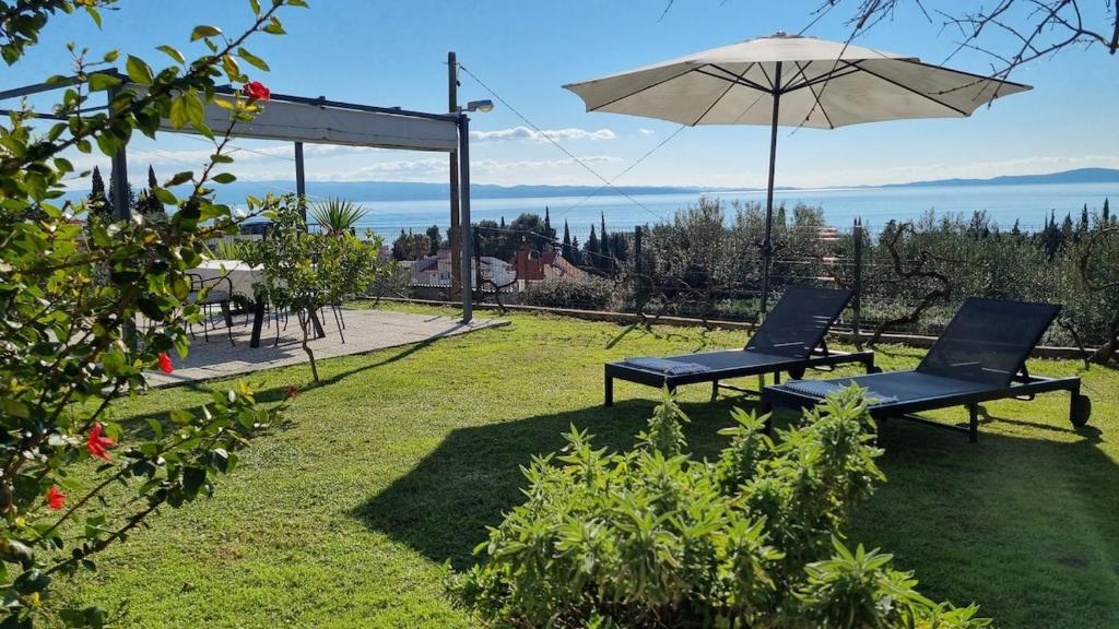 two chairs and an umbrella on the grass at Mediterranean House - Forest Marjan in Split