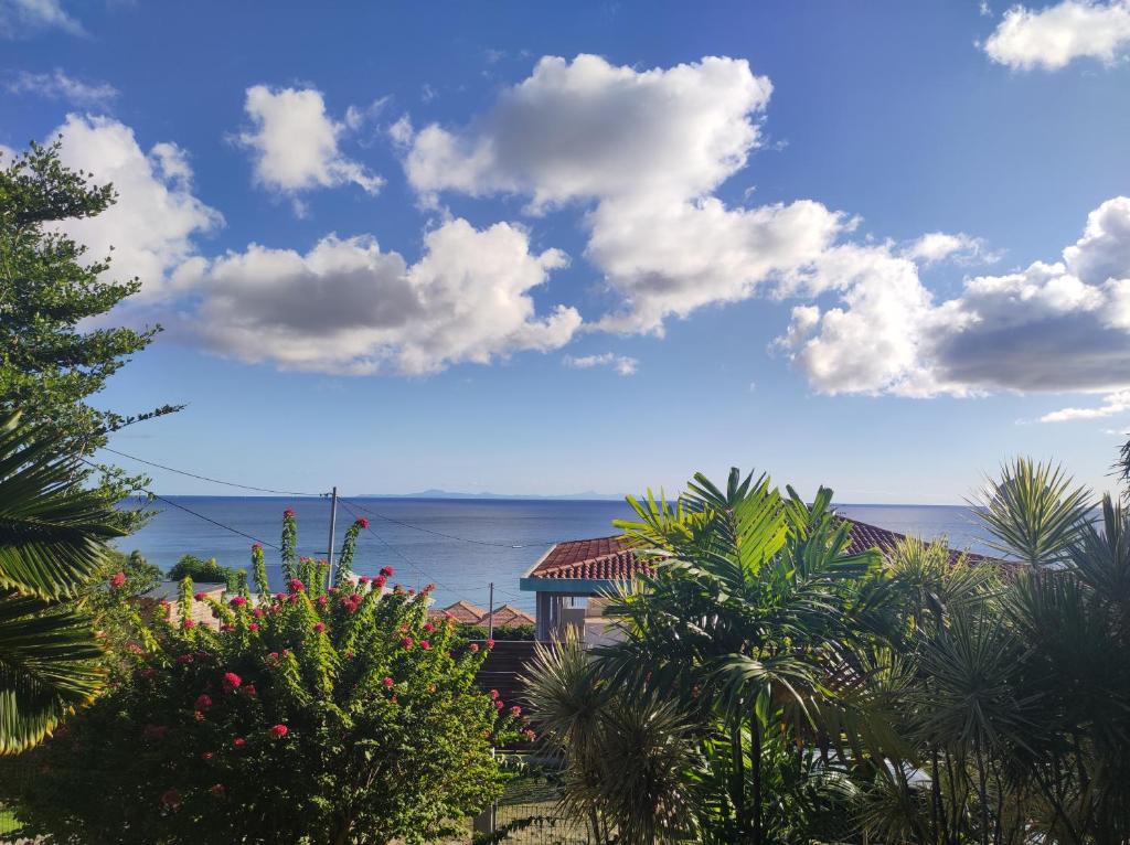 a view of the ocean from a resort with palm trees at La Villa Terracotta - Vue mer panoramique in Le Diamant