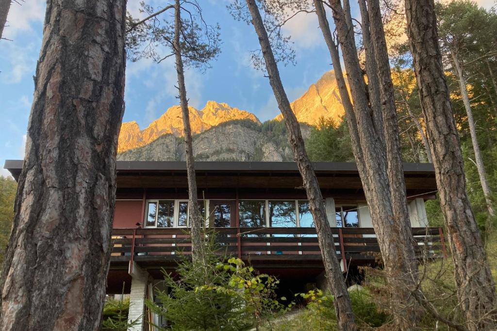a house in the woods with mountains in the background at Chalet di design vista Pelmo - Chalet dei Brisi in Borca di Cadore