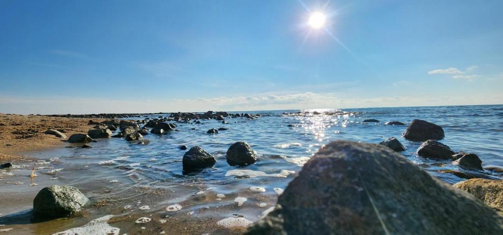 a group of rocks in the water on a beach at Malina guest house in Bosteri
