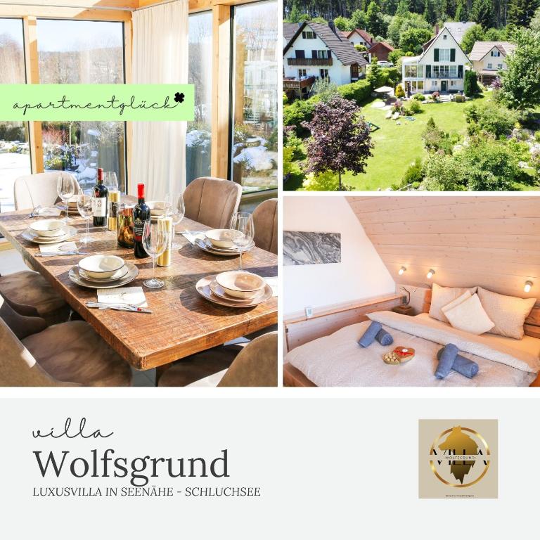 a collage of pictures of a dining room with a table at Villa Wolfsgrund und Apt Wolfshöhle in Schluchsee