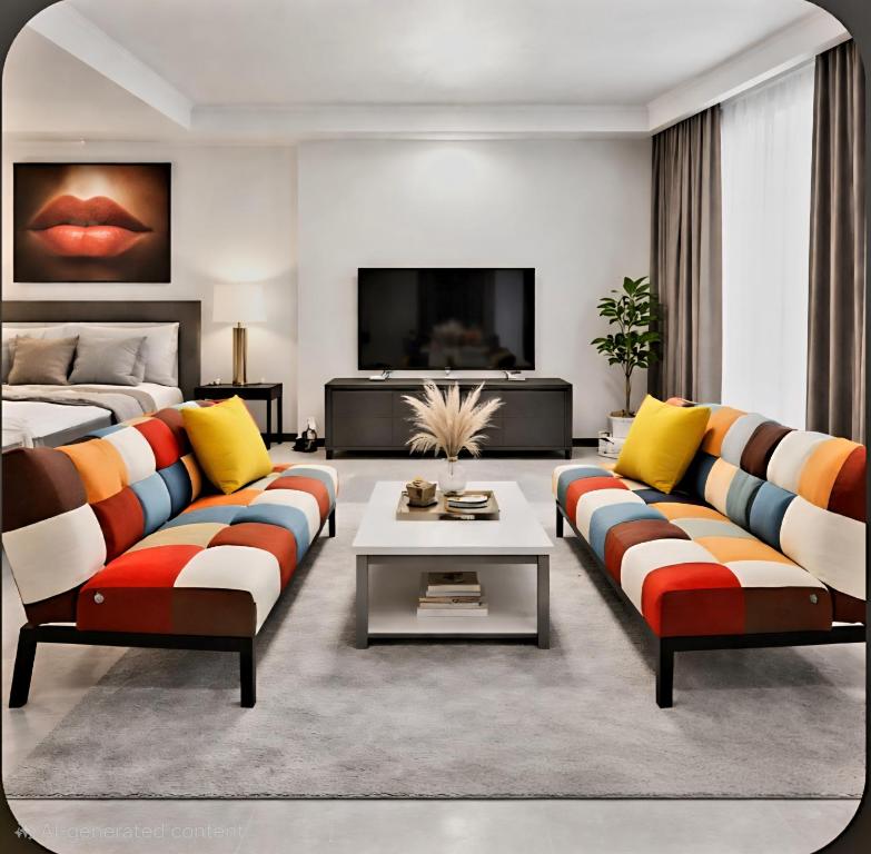 a living room with two couches and a bed at Hidden Putney-Studio Flat in London