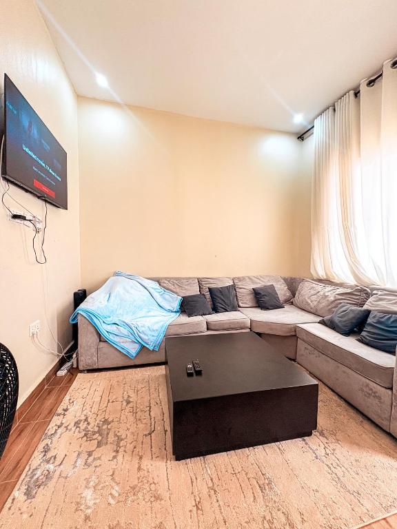 ein Wohnzimmer mit Sofa und Fernseher in der Unterkunft Amici Residence in Kigali