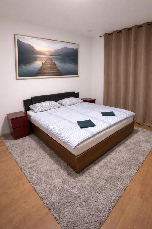a bedroom with a large bed with a picture on the wall at Comfort Stay Koblenz in Koblenz