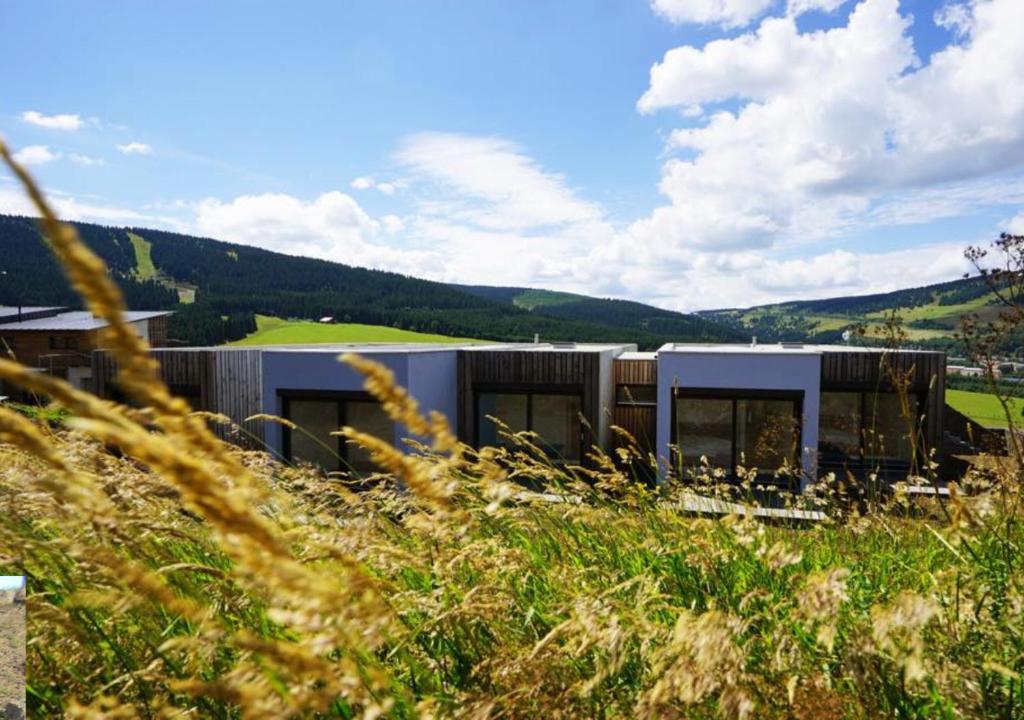 a building in the middle of a field of grass at Klinak horsky dum 140 in Loučná pod Klínovcem