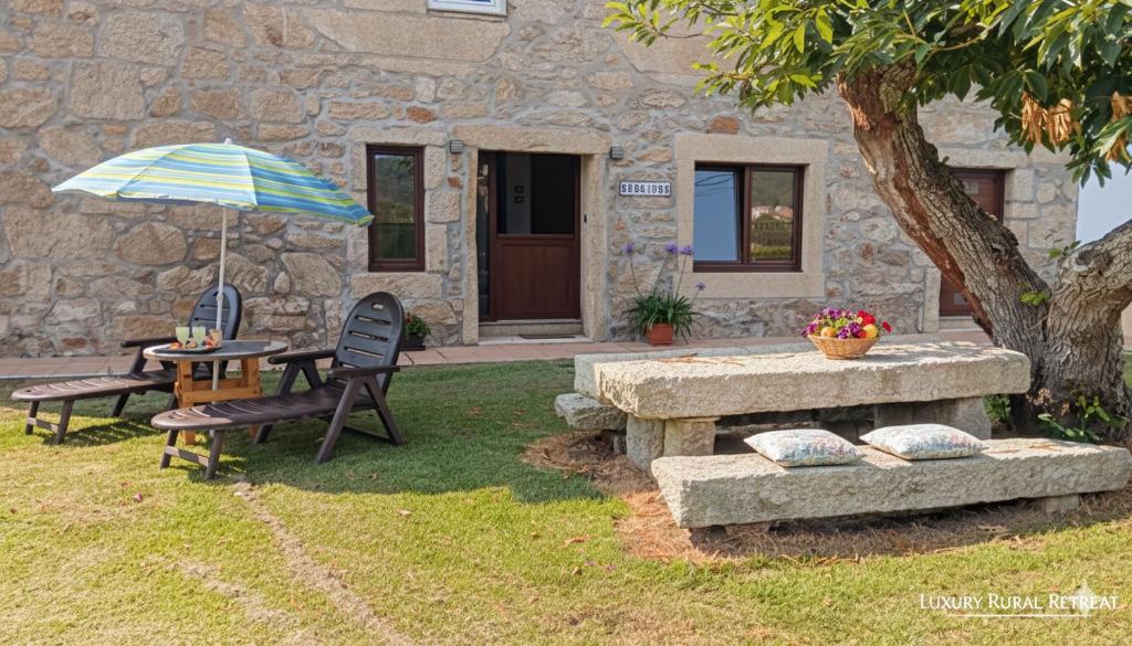 a stone house with a table and an umbrella at Apartamento Rural Sorribos (VUT-CO-004306) in Muros