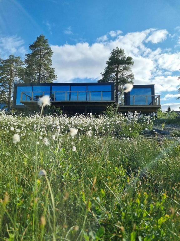 a blue train on tracks in a field of flowers at Modern Cabin At Blefjell in Svene