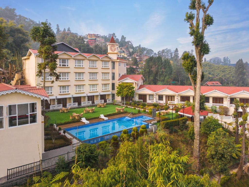 an aerial view of a resort with a swimming pool at Fortune Resort Kalimpong - Member ITC Hotels' Group in Kalimpong