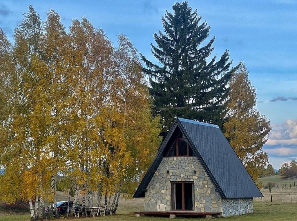 a small stone house with a black roof at Ataraksija in Mijakovići
