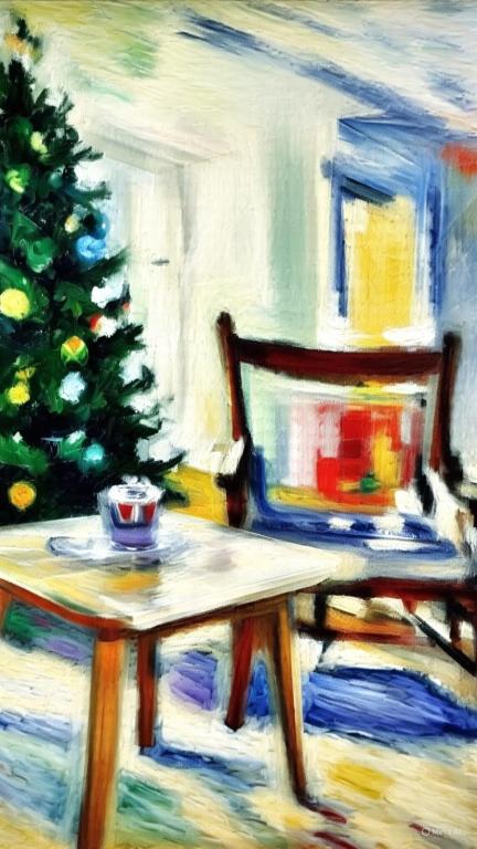 a painting of a table and a christmas tree at Apartmán Monarchia in Banská Štiavnica