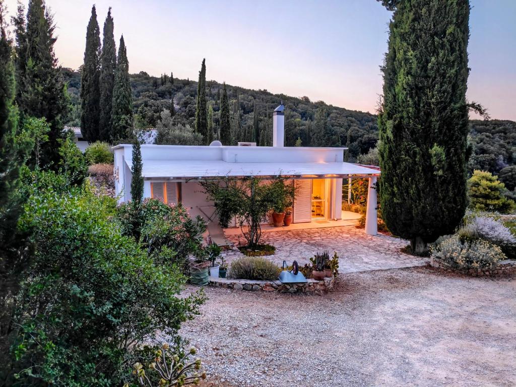a house in the middle of a yard with trees at Villa Buras in Skinária