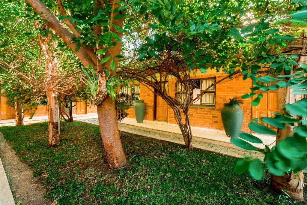 a group of trees in front of a building at Victoria Falls Premier Lodge in Victoria Falls