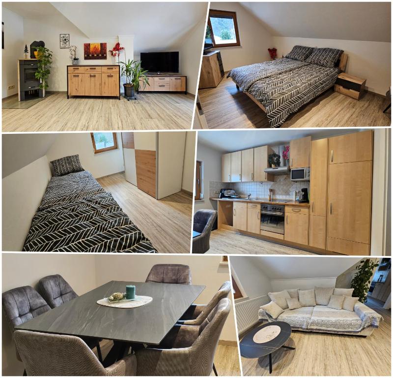 a collage of pictures of a bedroom and a living room at 84m2 Ferienwohnung - Landquartier Moik Ankommen - Durchatmen - Abschalten in Ebenthal