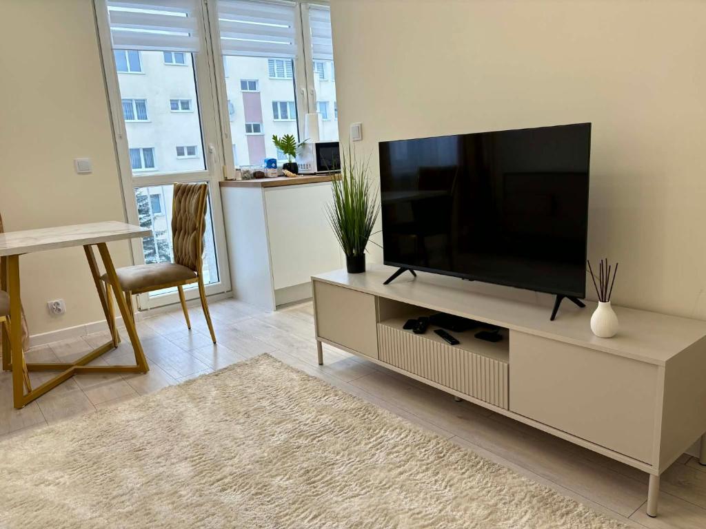 a living room with a flat screen tv on a cabinet at Leo Apartament in Konin