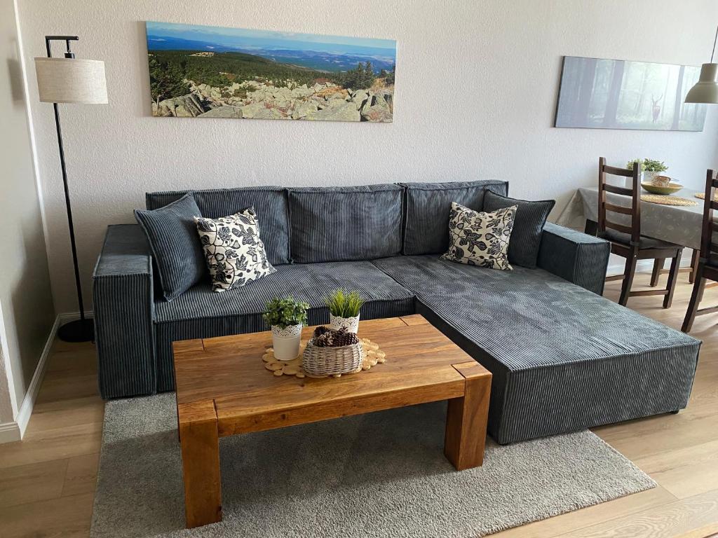 a living room with a blue couch and a table at Ferienwohnung Glockenberg - Westphal in Altenau