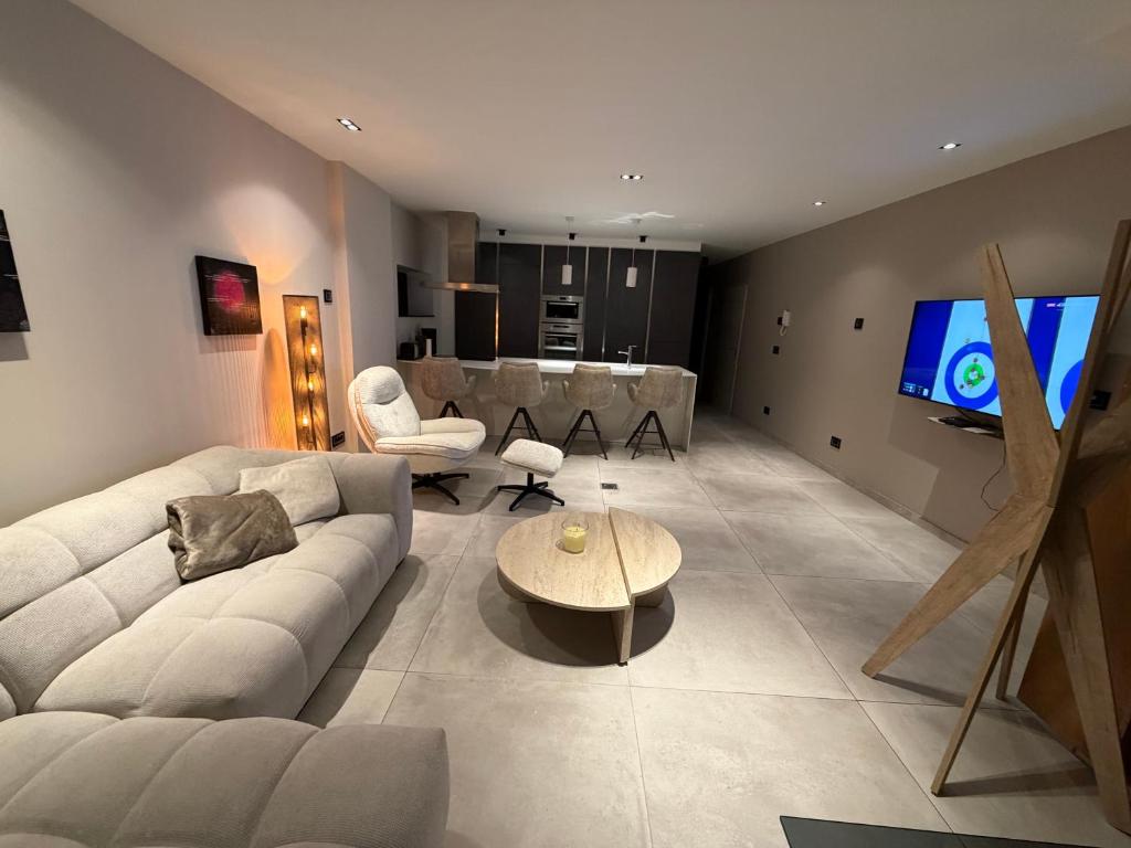 a living room with a couch and a tv at Ourthe Basse in La-Roche-en-Ardenne