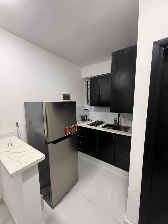 a kitchen with a stainless steel refrigerator and black cabinets at Moon Apartamentos C1 in San Cristóbal