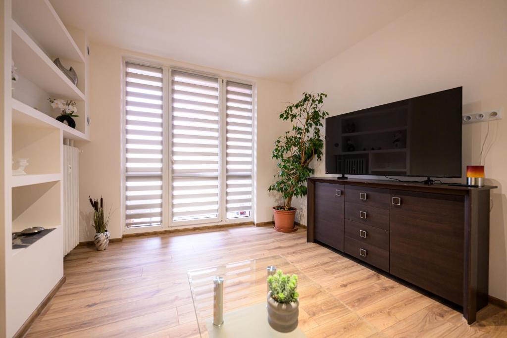 a large living room with a large flat screen tv at Birdhouse Apartments in Prešov
