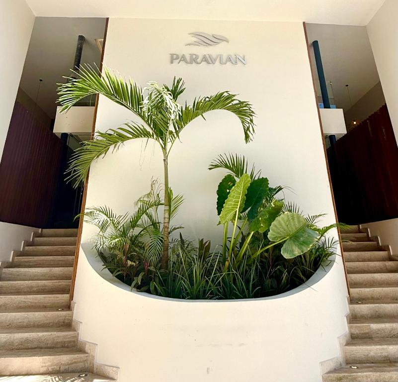 a plant in a planter on the side of a building at Stylish 1BR Ocean View near 5th Ave in Playa del Carmen