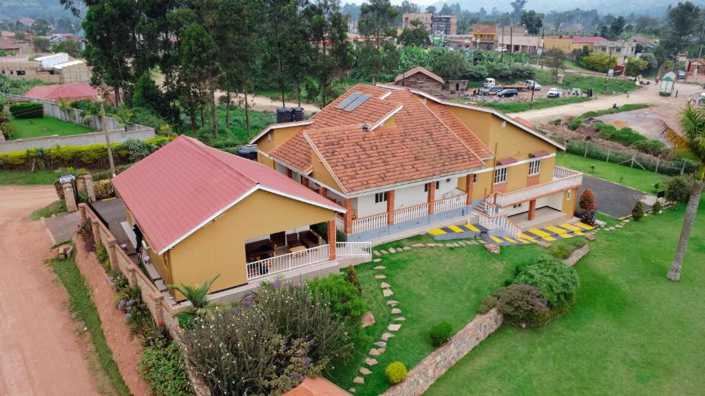 an aerial view of a house with a red roof at Hakyiri B&B in Kabale