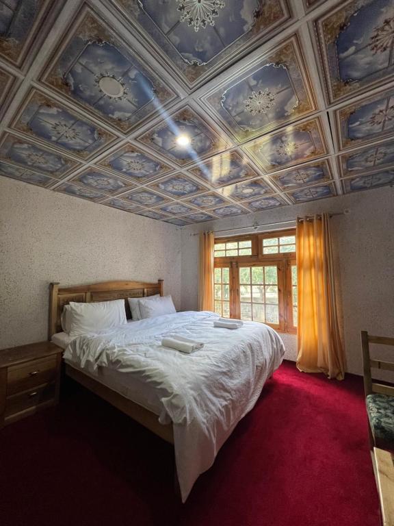 a bedroom with a large bed with a coffered ceiling at Brookfall resort khaplu in Khaplu