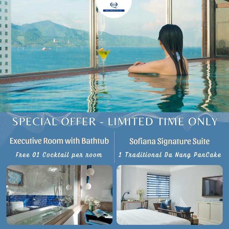 a woman in a infinity pool in a hotel room at Sofiana My Khe Hotel & Spa - Rooftop Pool Bar - Free 01 Draught Beer and 20-minute Spa per Room in Danang